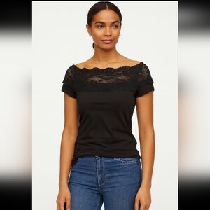H&M Womens Black Stretch Lace Neck Cap Sleeve Blouse L
